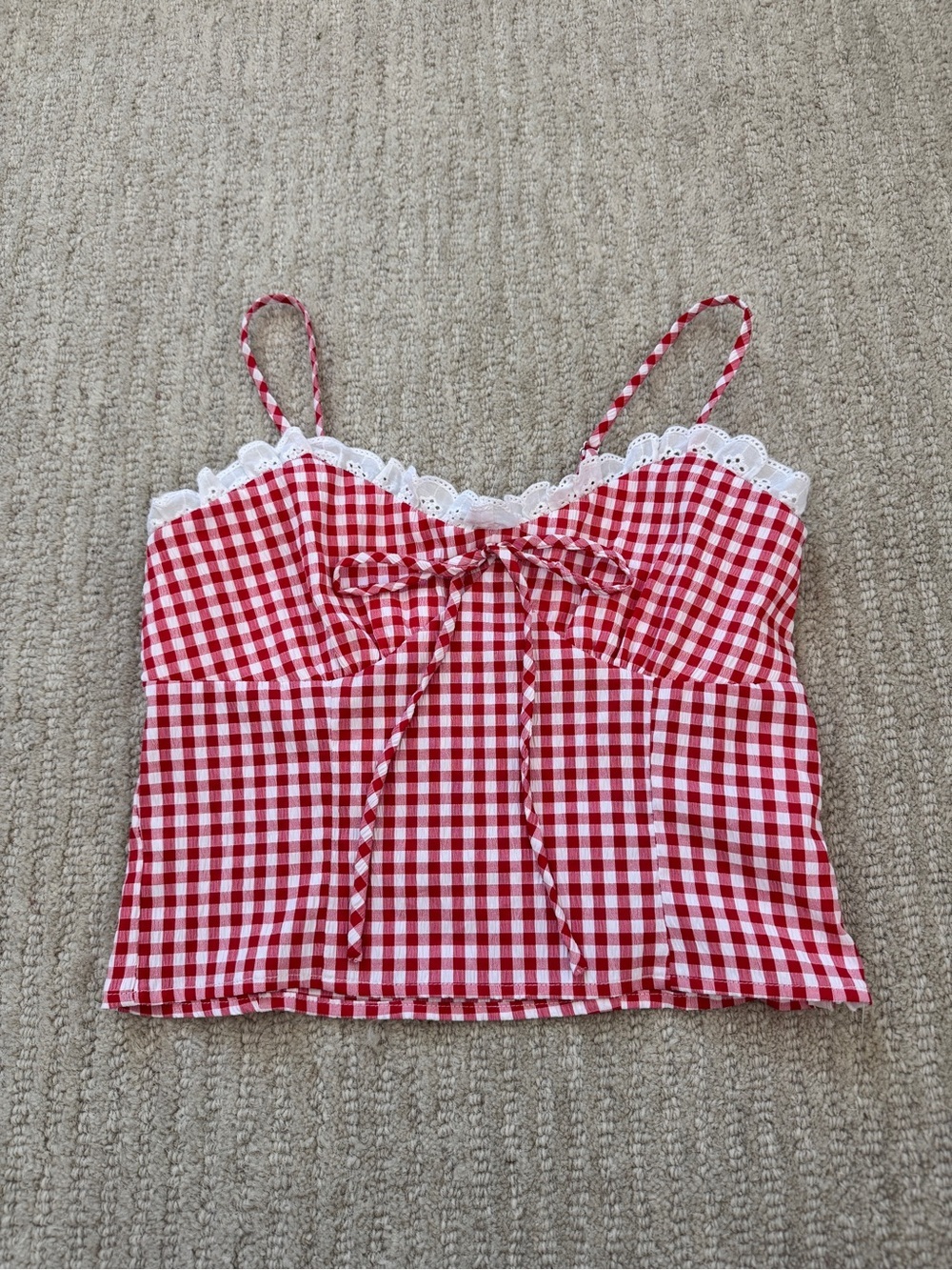 Good Luck Gem Red Gingham Lace-Trim Crop Cami